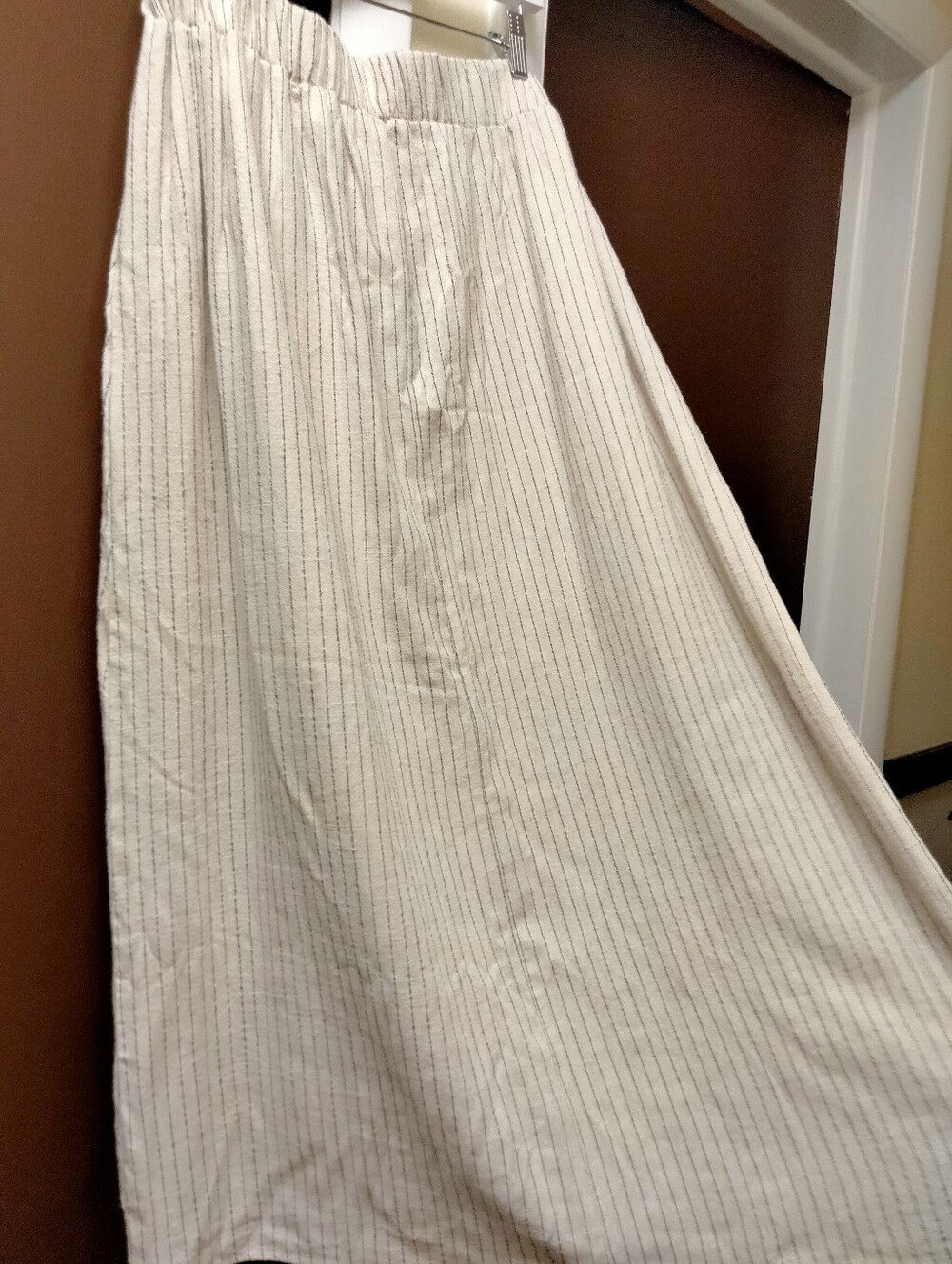Beige Pinstripe A-Line Midi Skirt